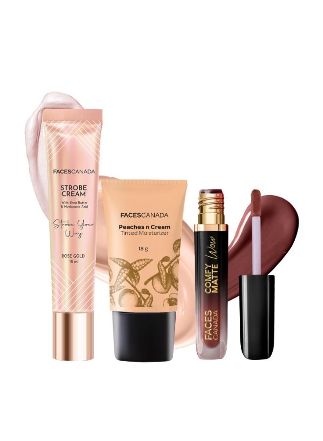 فاسيسكانادا مجموعة فيس كندا سوبر كويك جلام - كريم ستروب - ذهبي وردي (18 مل) + مرطب ملون - فاتح 01 (18 جم) + أحمر شفاه سائل كومفي مات واو - كاكاو كراش 07 (3.8 مل) | قاعدة مكياج مضيئة ومتألقة | غنية بالأصباغ - Image 1